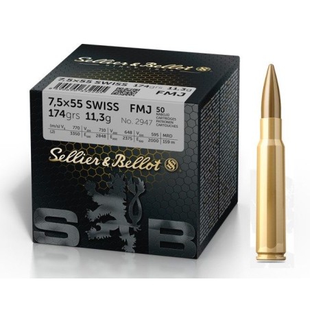 Cartouche sellier & Bellot calibre 7,5x55 swiss FMJ 174grs x50