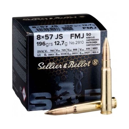 Cartouche Sellier & Bellot calibre 8x57 JS FMJ 196grs x50