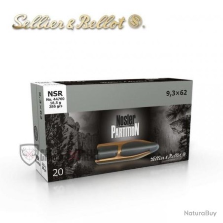 Cartouche Sellier & Bellot calibre 9.3X62 nosler partition 286grs 18.5g x40